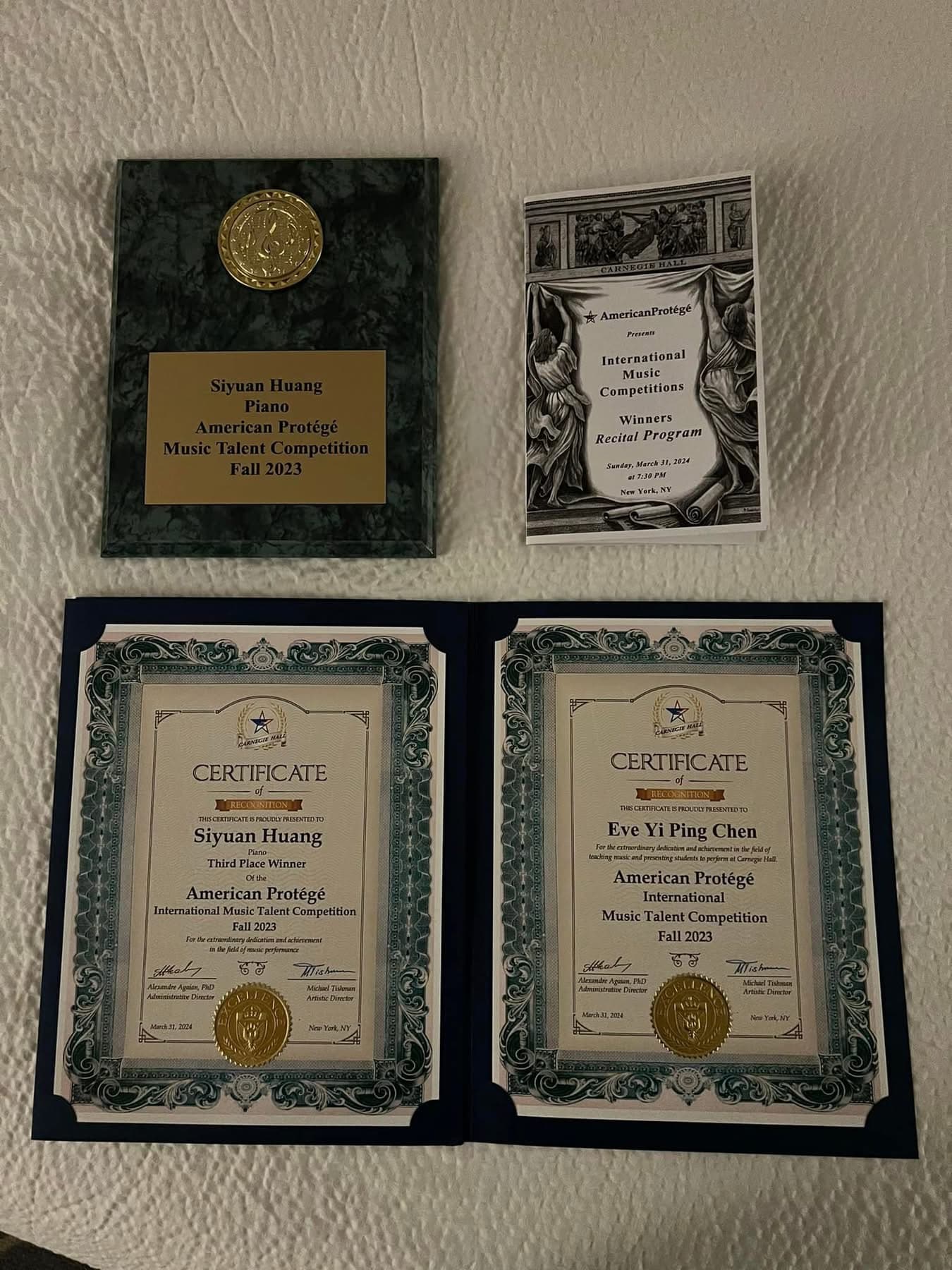 American Protégé awards — invited to Carnegie Hall