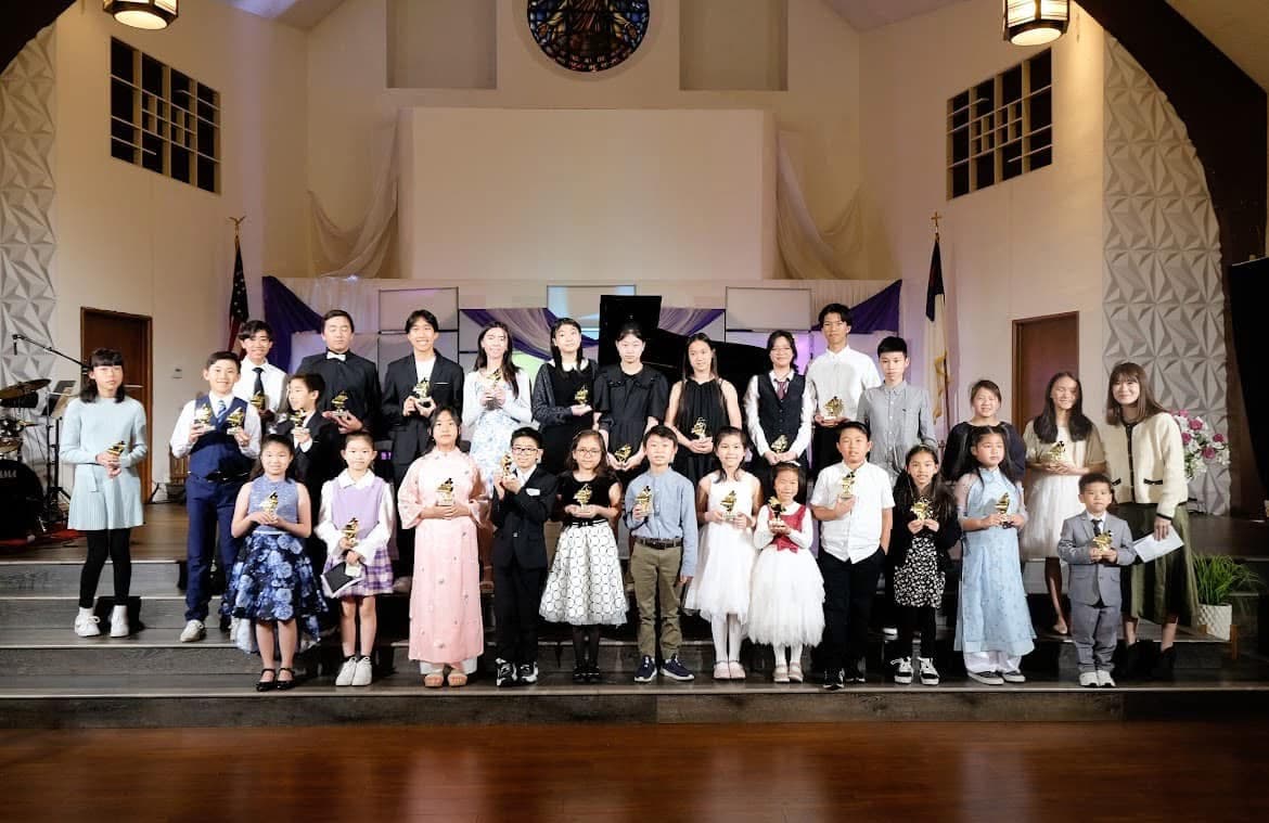 Competition trophies on stage